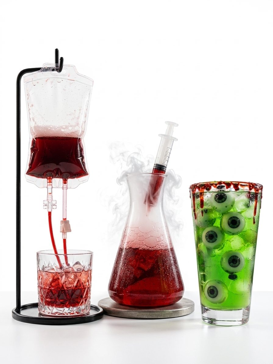 Drinks autorais da Dead Burger: bolsa de sangue, erlenmeyer com seringa e copo com olhos
