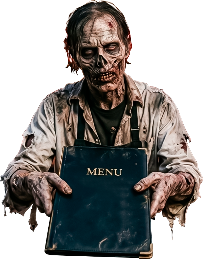 Garçom zumbi entregando o menu Dead Burger