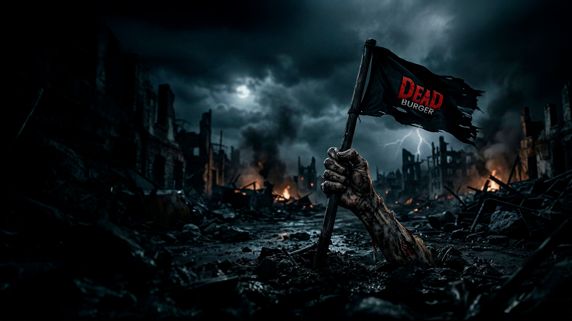 Mão erguendo a bandeira Dead Burger em cenário apocalíptico