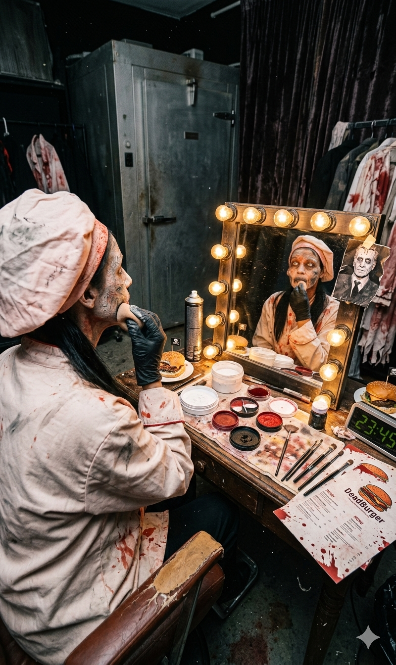 Bastidores da Dead Burger: caracterização de um dos monstros no camarim